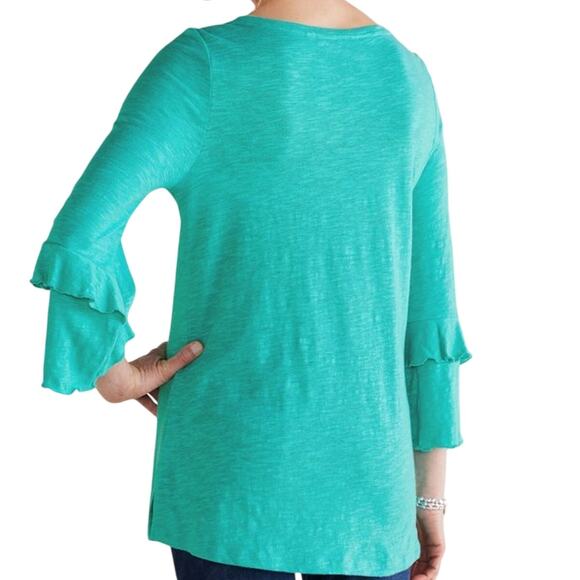 Soft Surroundings Erin Tunic Top Womens 1X Teal Green Linen Blend Ruffles Breezy - Picture 4 of 15